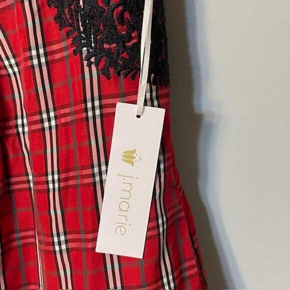 J. Marie Ruffle Neck Plaid Embroidered Tiered Mini Dress Red & Black NWT XS - Picture 6 of 10
